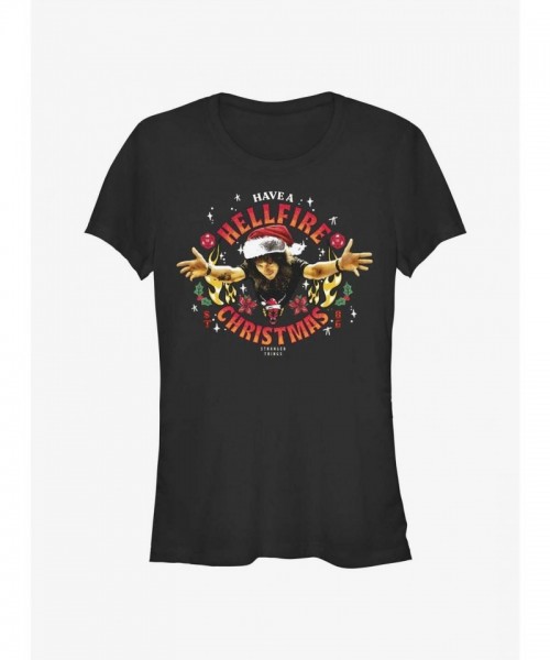 Stranger Things Hellfire Santa Tee for Girls - Black
