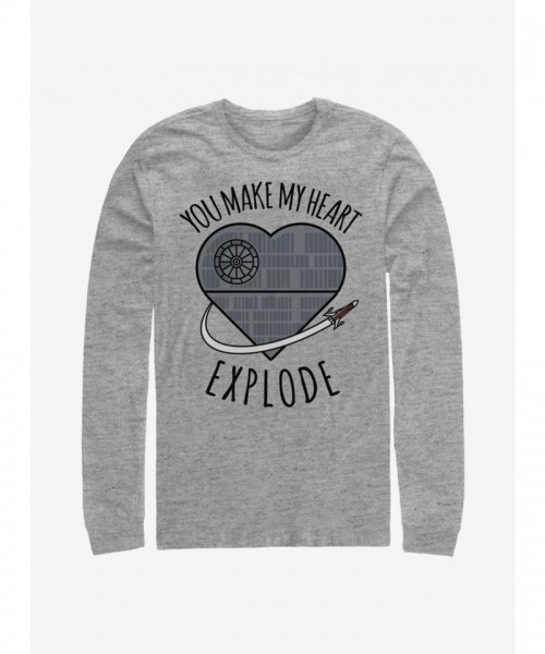 Star Wars Grey Long-Sleeve T-Shirt with Heart Exploding Death Star Print - Men's