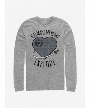Star Wars Grey Long-Sleeve T-Shirt with Heart Exploding Death Star Print - Men's
