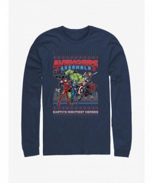 Marvel Ugly Christmas-Themed Avengers Assemble Long Sleeve Cotton T-Shirt - Blue Men's Size