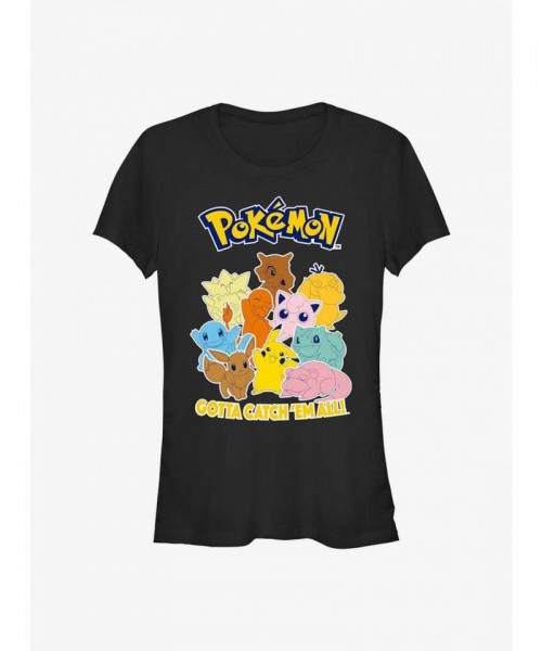 Pokémon Girls 'Catch 'Em All' Lightweight Cotton T-Shirt - Black