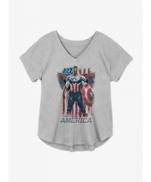 Marvel's The Falcon & Winter Soldier Cap America Flag V-Neck T-Shirt - Grey Plus Size for Girls