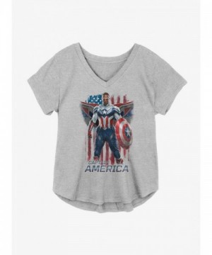 Marvel's The Falcon & Winter Soldier Cap America Flag V-Neck T-Shirt - Grey Plus Size for Girls