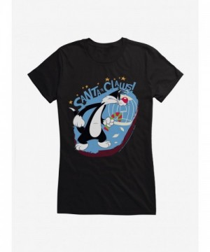 Looney Tunes Girls T-Shirt: Cute Sylvester The Cat in Santa Outfit