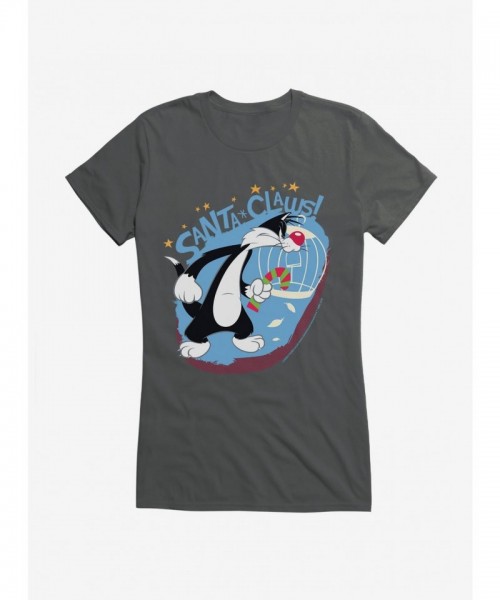 Looney Tunes Girls T-Shirt: Cute Sylvester The Cat in Santa Outfit