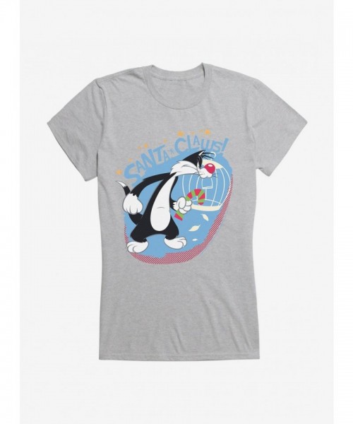 Looney Tunes Girls T-Shirt: Cute Sylvester The Cat in Santa Outfit