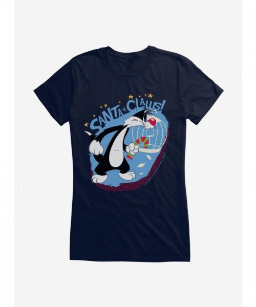 Looney Tunes Girls T-Shirt: Cute Sylvester The Cat in Santa Outfit