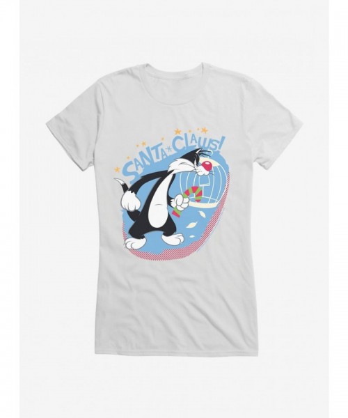 Looney Tunes Girls T-Shirt: Cute Sylvester The Cat in Santa Outfit