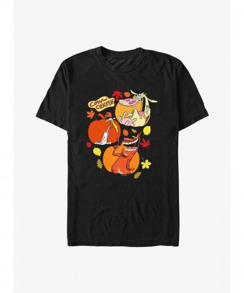Cartoon Network Cow and Chicken Gratitude Pumpkin Print Men's T-Shirt - Black