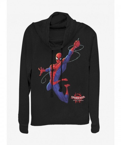 Marvel Girls' Lightweight Spider-Man Cowl Neck Top - Black