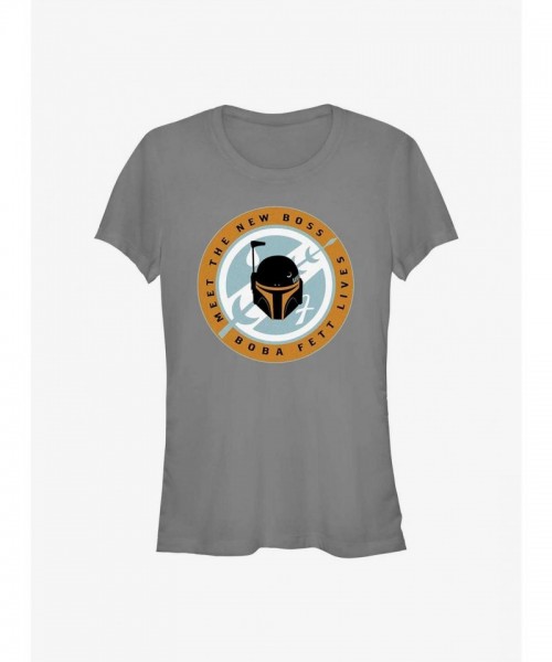 Star Wars Junior T-Shirt - New Boba Fett Boss Badge for Girls - Grey
