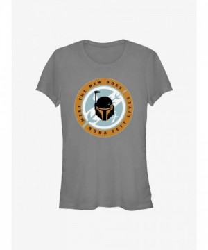Star Wars Junior T-Shirt - New Boba Fett Boss Badge for Girls - Grey