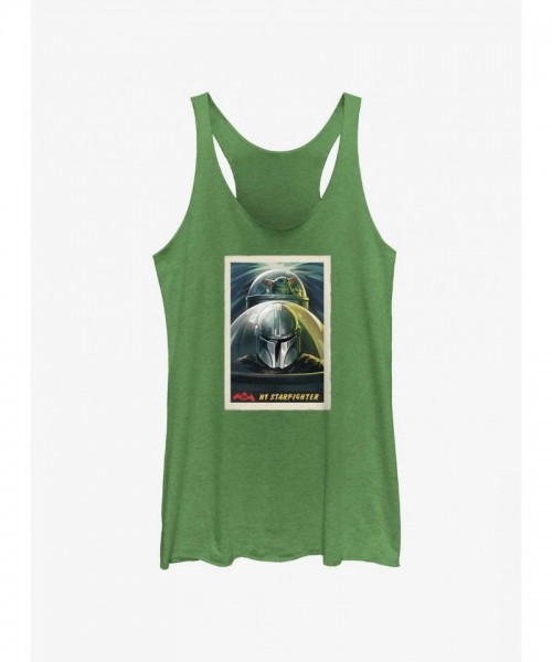 Mandalorian Grogu & Mando N-1 Fighter Green Girls Tank Top